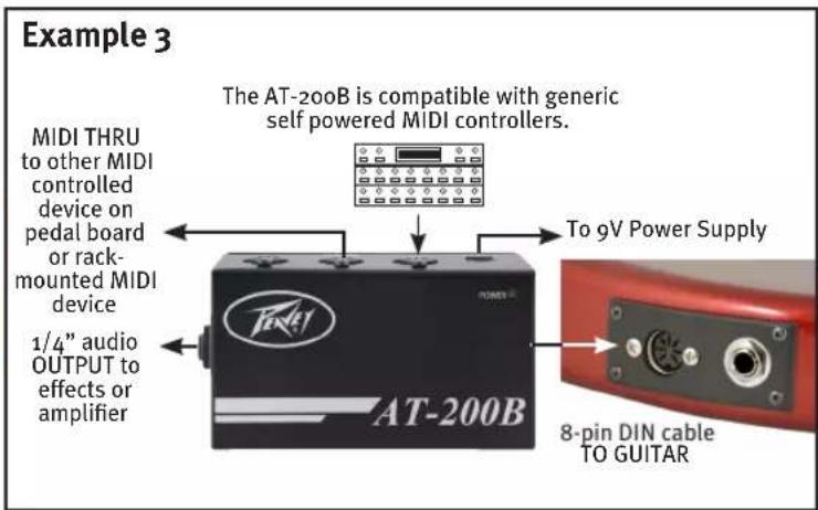 Example 3 MIDI THRU to other MIDI controlled device on pedal board or rack- mounted MIDI device 1/4" audio OUTPUT to effects or amplifier The AT-200B is compatible with generic self powered MIDI controllers. To 9V Power Supply AT-200B 8-pin DIN cable TO GUITAR