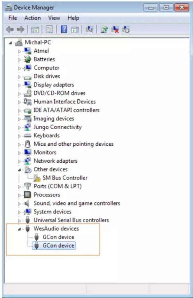 Device Manager File Action View Help Michal-PC Atmel Batteries Computer Disk drives Display adapters DVD/CD-ROM drives Human Interface Devices IDE ATA/ATAPI controllers Imaging devices Jungo Connectivity Keyboards Mice and other pointing devices Monitors Network adapters Other devices SM Bus Controller Ports (COM & LPT) Processors Sound, video and game controllers System devices Universal Serial Bus controllers WesAudio devices GCon device GCon device