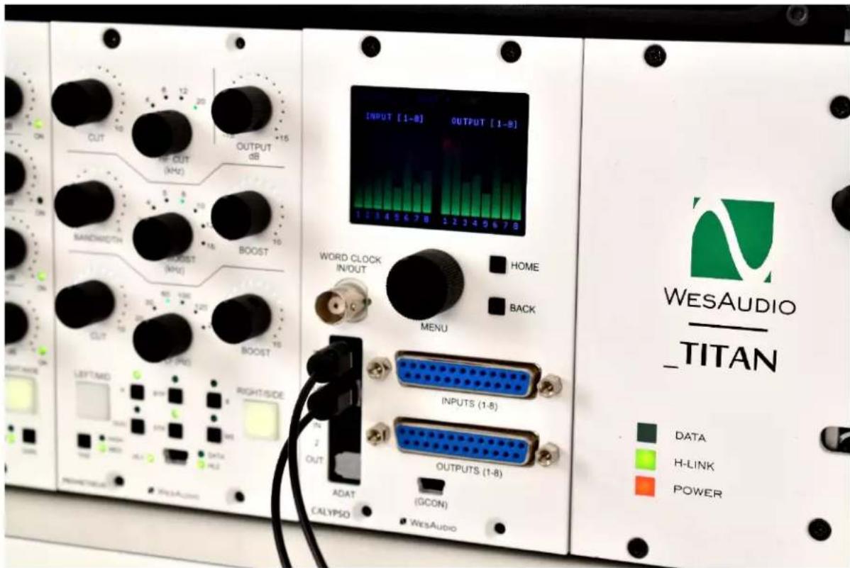 OUTPUT dB +15 OUT OUT (MHz) SANDWIDTH BOOST (MPV) 16 10 10 10 10 10 10 10 10 10 WORD CLOCK IN/OUT HOME BACK MENU INPUTS (1-8) OUTPUTS (1-8) (CON) CALYPSO WESAUDIO DATA H-LINK POWER WESAUDIO TITAN