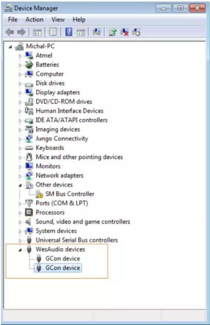 Device Manager File Action View Help Michal-PC Atmel Batteries Computer Disk drives Display adapters DVD/CD-ROM drives Human Interface Devices IDE ATA/ATAPI controllers Imaging devices Jungo Connectivity Keyboards Mice and other pointing devices Monitors Network adapters Other devices SM Bus Controller Ports (COM & LPT) Processors Sound, video and game controllers System devices Universal Serial Bus controllers WesAudio devices GCon device GCon device