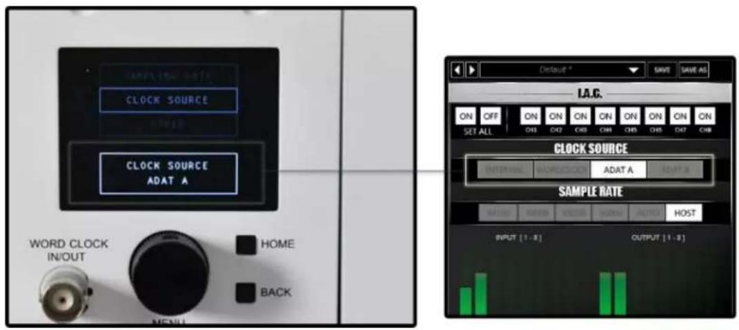 SAMPLE NAME CLOCK SOURCE CLOCK SOURCE ADAT A WORD CLOCK IN/OUT HOME BACK SAMPLE RATE INPUT [1 - 3] OUTPUT [1 - 3] DAUT ON ON ON ON ON ON ON SET ALL CH8 CH2 CH8 CH8 CH8 CH7 CH8 L.A.C. ADAT A HOST