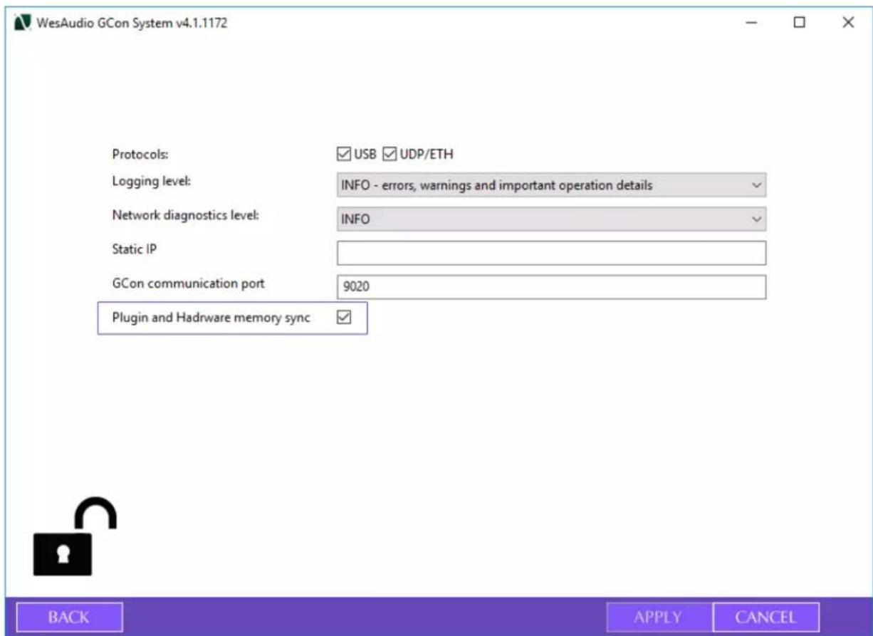 WesAudio GCon System v4.1.1172 Protocols: ✓USB ✓UDP/ETH Logging level: INFO - errors, warnings and important operation details ✓ Network diagnostics level: INFO ✓ Static IP GCon communication port 9020 Plugin and Hadrware memory sync ✓ BACK APPLY CANCEL