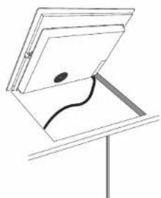 Einfache Strichzeichnung eines Bücherregals mit einem offenen Buch und einer geschwungenen Linie darin, auf einem Ständer montiert (kein Text oder Symbole)