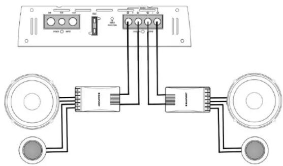 Diagram showing audio signal connection between two speakers and a device with labeled ports and connections
