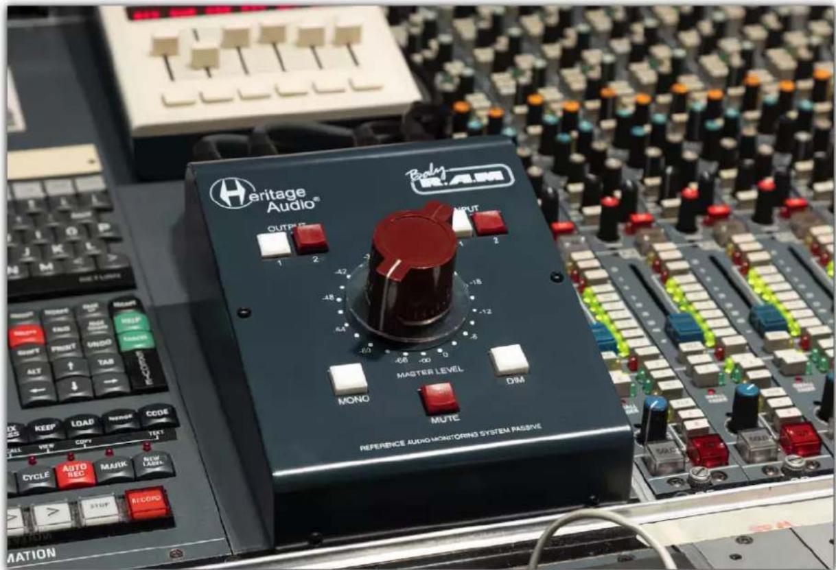 Heritage Audio® OUTPUT 1 2 -42 -48 -60 -68 -00 -00 -0 -12 -16 -2 INPUT MAGTER LEVEL MONO DIM MUTE REFERENCE AUDIO MONITORING SYSTEM PASSIVE REFERENCE AUDIO MONITORING SYSTEM PASSIVE