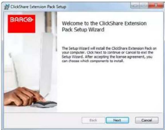 ClickShare Extension Pack Setup Welcome to the ClickShare Extension Pack Setup Wizard The Setup Wizard will install the ClickShare Extension Pack on your computer. Click Next to continue or Cancel to exit the Setup Wizard. After accepting the license agreement, you can choose which components to install. Back Next Cancel