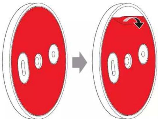 Diagram showing transformation of a red oval object into a blue oval with internal white components, indicating a change or modification.