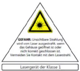 GEFAHR: Unsichtbare Strahlung wird vom Laser ausgestrahlt, wenn das Gehäuse geöffnet ist oder nicht korrekt geschlossen ist. Vermeiden Sie Kontakt mit dem Laserstrahl. Lasergerät der Klasse 1