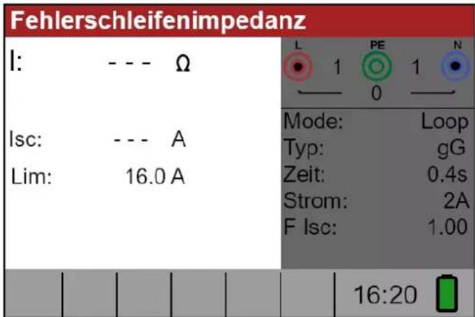 Fehlerschleifenimpedanz I: - - - Ω lsc: - - - A Lim: 16.0 A Mode: Loop Typ: gG Zeit: 0.4s Strom: 2A F lsc: 1.00 16:20