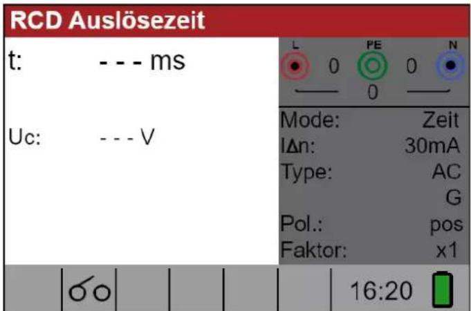 RCD Auslösezeit t: - - - ms Uc: - - - V Mode: Zeit IΔn: 30mA Type: AC G Pol.: pos Faktor: x1 60 16:20