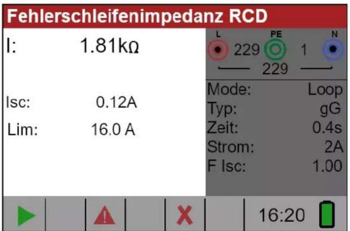 Fehlerschleifenimpedanz RCD | Category | Value | |---|---| | I: | 1.81kΩ | | Isc: | 0.12A | | Lim: | 16.0 A | | Mode: | Loop | | Typ: | gG | | Zeit: | 0.4s | | Strom: | 2A | | F Isc: | 1.00 | | ▶ | 16:20 [Mobile] |