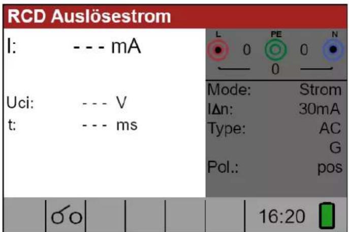 RCD Auslösestrom I: --- mA Uci: --- V t: --- ms Mode: Strom lΔn: 30mA Type: AC G Pol.: pos 16:20