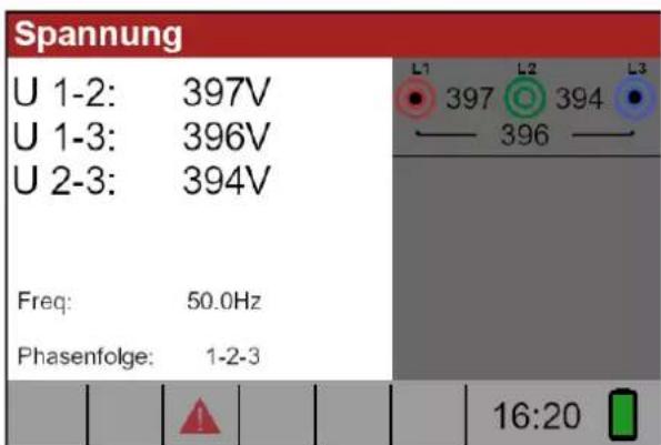 Spannung U 1-2: 397V U 1-3: 396V U 2-3: 394V Freq: 50.0Hz Phasenfolge: 1-2-3 L1 L2 L3 ● 397 ● 394 ● — 396 — 16:20