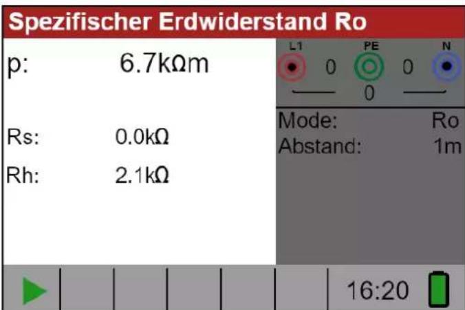 Spezifischer Erdwiderstand Ro p: 6.7kΩm Rs: 0.0kΩ Rh: 2.1kΩ Mode: Ro Abstand: 1m 16:20