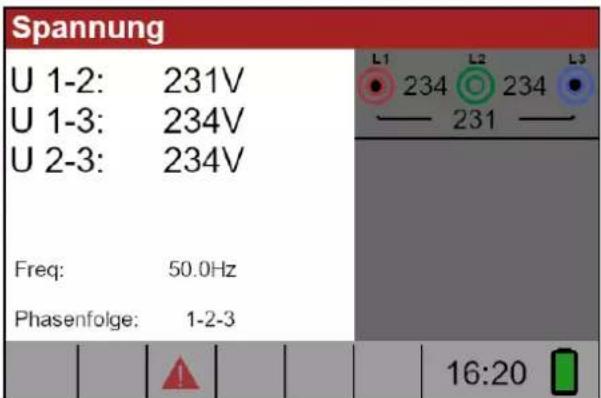 Spannung U 1-2: 231V U 1-3: 234V U 2-3: 234V Freq: 50.0Hz Phasenfolge: 1-2-3 L1 L2 L3 234 234 — 231 — 16:20
