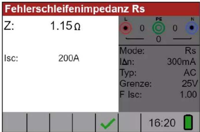 Fehlerschleifenimpedanz Rs Z: 1.15Ω Isc: 200A Mode: Rs IΔn: 300mA Typ: AC Grenze: 25V F Isc: 1.00 16:20