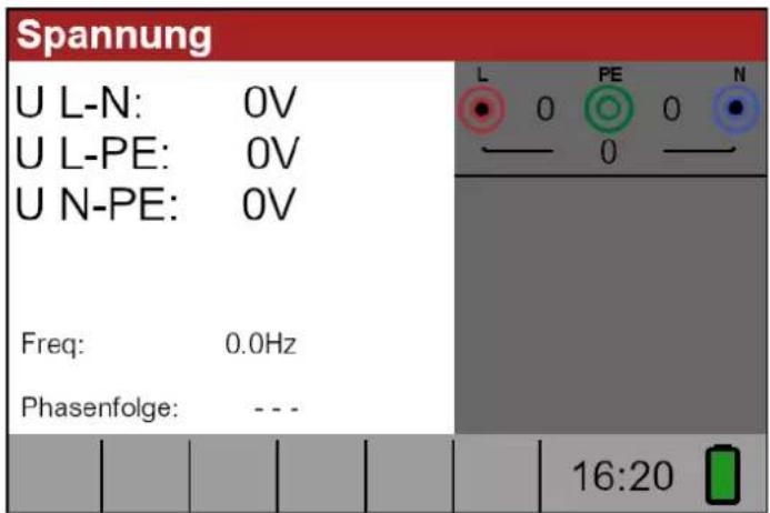 Spannung U L-N: 0V U L-PE: 0V U N-PE: 0V Freq: 0.0Hz Phasenfolge: --- L PE N 0 0 0 ——— 0 —— 16:20
