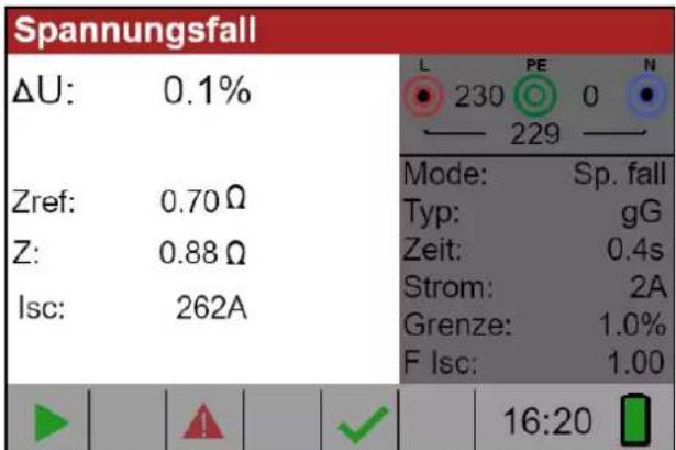 Spannungsfall ΔU: 0.1% Zref: 0.70Ω Z: 0.88Ω Isc: 262A Mode: Sp. fall Typ: gG Zeit: 0.4s Strom: 2A Grenze: 1.0% F Isc: 1.00 16:20
