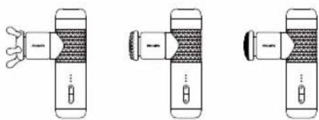 Drei identische Strichzeichnungen eines Handgeräts mit Griff, aus verschiedenen Blickwinkeln (keine Texte oder Symbole)