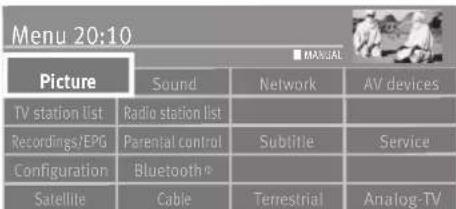 Menu 20:10 Picture Sound Network AV devices TV station list Radio station list Recordings/EPG Parental control Sublitie Service Configuration Bluetooth® Satellite Cable Terrestrial Analog-TV