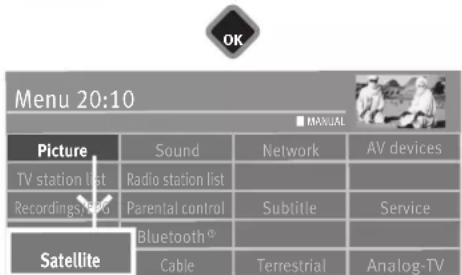 OK Menu 20:10 ■ MANUAL Picture Sound Network AV devices TV station list Radio station list Recordings/leg Parental control Subtitle Service Satellite Bluetooth® Cable Terrestrial Analog-TV