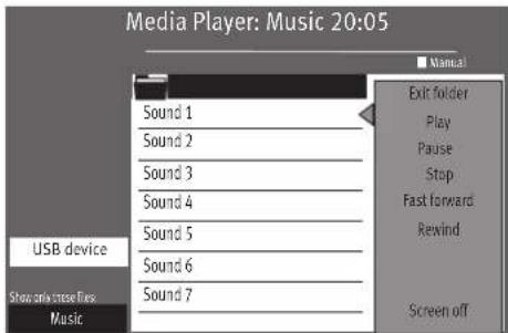 Media Player: Music 20:05 Sound 1 Sound 2 Sound 3 Sound 4 Sound 5 Sound 6 Sound 7 USB device Show audio noise files Music exit folder Play Pause Stop Fast forward Rewind Screen off