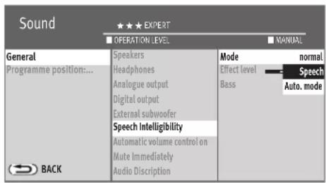 Sound ★★★ EXPERT ■ OPERATION LEVEL ■ MANUAL General Programme position:... Back Speakers Headphones Analogue output Digital output External subwoofer Speech Intelligibility Automatic volume control on Mute Immediately Audio Discription Mode normal Effect level Speech Bass Auto. mode
