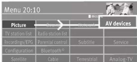 Menu 20:10 Picture Satellite Veripark AV devices TV station list Radio station list Recordings/EPG Parental control Sublitie Service Configuration Bluetooth® Satellite Cable Terrestrial Analog-TV