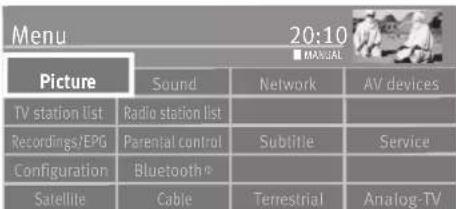 Menu 20:10 ■ MANUAL Picture Sound Network AV devices TV station list Radio station list Recordings/EPG Parental control Sublitie Service Configuration Bluetooth® Satellite Cable Terrestrial Analog-TV