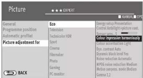 Picture GENERAL Programme position Automatic profilet Picture adjustment for Eco Television Technicolor HDR Sport Cinema Filmmaker Photo Gaming PC monitor Energy setup Presentation Control Ambillight-picture coat. Sensor sens. 5 Colour impression harmoniously Colour accentuation Light Dyn. contrast Auto Dynamic black level Yes Noise reduction Automatic MPEG noise reduction Medium Motion compens. node Medium Gamma Z.2