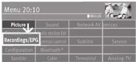 Menu 20:10 Picture Sound Network AV devices Radio station list Recordings/EPG Parental control Subellite Service Configuration Bluetooth Satellite Cable Terrestrial Analog-TV
