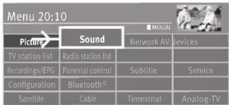 Menu 20:10 Picture→ Sound Network AV Devices TV station list Radio station list Recordings/EPG Parential control Subtitle Service Configuration Bluetooth Satellite Cable Terrestrial Analog-TV