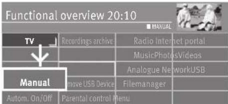 Functional overview 20:10 TV Recordings archive Radio Internet portal MusicPhotosVideos Manual Analogue NetworkUSB Remove USB Device Filemanager Autom. On/Off Parental control Menu