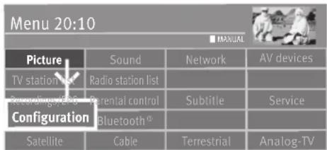 Menu 20:10 ■ MANUAL Picture Sound Network AV devices TV station list Radio station list Radio charging station rental control Subtitle Service Configuration Bluetooth® Satellite Cable Terrestrial Analog-TV