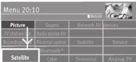 Menu 20:10 ■ MANUAL Picture Sound Network AV Devices TV station list Radio station list Recordings list Parental control Subtitle Service Satellite Bluetooth® Cable Terrestrial Analog-TV