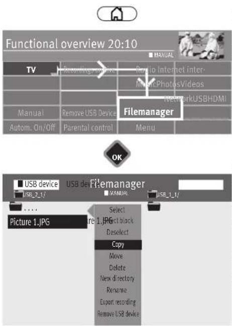 Functional overview 20:10 TV Recording video File manager Manual Remove USB Device Autom. On/Off Parental control Menu OK USB device USB de Filemanager USB_2_17 USB_1_1/ ... Picture 1.JPG Select Copy Move Delete New directory Rename Export recording Remove USB device