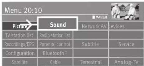 Menu 20:10 Picture→ Sound TV station list Recordings/EPG Configuration Satellite Sound Network AV Sublitile Bluetooth® Cable Terrestrial MANUAL Devices Service Analog-TV
