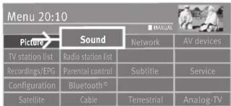 Menu 20:10 Picture→ Sound TV station list Recordings/EPG Configuration Satellite Sound Network Sublitie Bluetooth® Cable Terrestrial ANalog-TV MANUAL AV devices