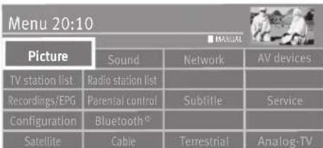 Menu 20:10 Picture Sound Network AV devices TV station list Radio station list Recordings/EPG Parental control Sublitie Service Configuration Bluetooth® Satellite Cable Terrestrial Analog-TV