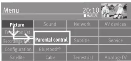 Menu 20:10 ■ MANUAL Picture Sound Network AV devices TV creation list Recordings/EBG Parental control Subtitle Service Configuration Bluetooth® Satellite Cable Terrestrial Analog-TV