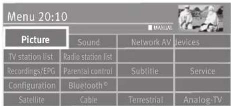 Menu 20:10 Picture Sound Network AV devices TV station list Radio station list Recordings/EPG Parental control Subtitle Service Configuration Bluetooth® Satellite Cable Terrestrial Analog-TV