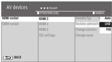 AV devices ★★★ Expert OPERATION LEVEL HDMI socket HDMI 2 Geraete-typ Auto EURO socket HDMI 2 Resolution optimized for UHD HDMI 3 Change stations FHD CEC settings Change name BACK