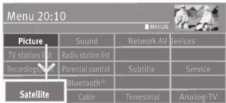 Menu 20:10 ■ MANUAL Picture Sound Network AV Devices TV station list Radio station list Recordingsheet Parental control Subtitle Service Satellite Bluetooth® Cable Terrestrial Analog-TV