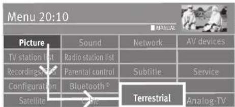 Menu 20:10 ■ MANUAL Picture Sound Network AV devices TV station list Radio station list Recordings list Parental control Subtitle Service Configuration Bluetooth® Terrestrial Satellite Blue Analog-TV