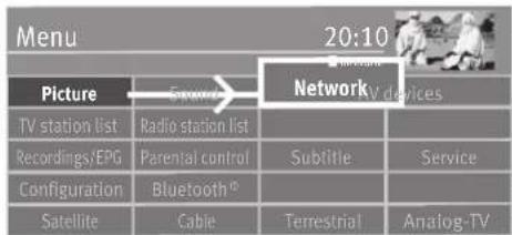 Menu 20:10 Picture TV station list Recordings/EPG Configuration Satellite Example Radio station list Parental control Bluetooth® Cable Network V devices Subellite Service Terrestrial Analog-TV