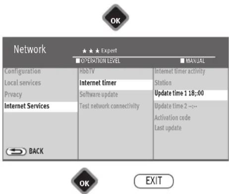Network ★★★ Expert ■ OPERATION LEVEL ■ MANUAL Configuration Local services Privacy Internet Services HbbTV Internet timer Software update Test network connectivity Internet timer activity Station Update time 1 18:00 Update time 2 ~:-- Activation code Last update BACK OK EXIT