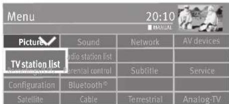 Menu 20:10 ■ MANUAL Picture ✓ Sound Network AV devices TV station list Satellite TV station list Parental control Sublitie Service Configuration Bluetooth® Satellite Cable Terrestrial Analog-TV