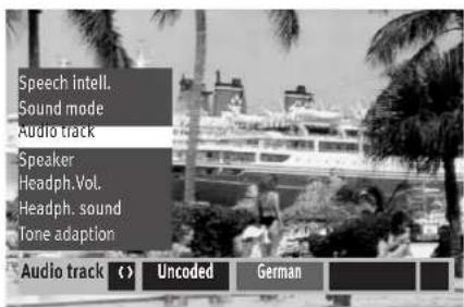 Speech intell. Sound mode Audio track Speaker Headph.Vol. Headph. sound Tone adaption Audio track <> Uncoded German