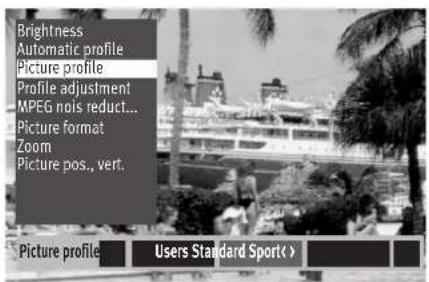 Brightness Automatic profile Picture profile Profile adjustment MPEG nois reduct... Picture format Zoom Picture pos., vert. Picture profile Users Standard Sport