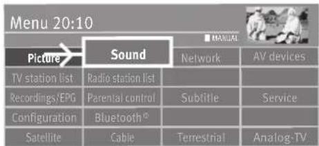 Menu 20:10 Picture Sound Network AV devices TV station list Radio station list Recordings/EPG Parental control Subellite Service Configuration Bluetooth Satellite Cable Terrestrial Analog-TV